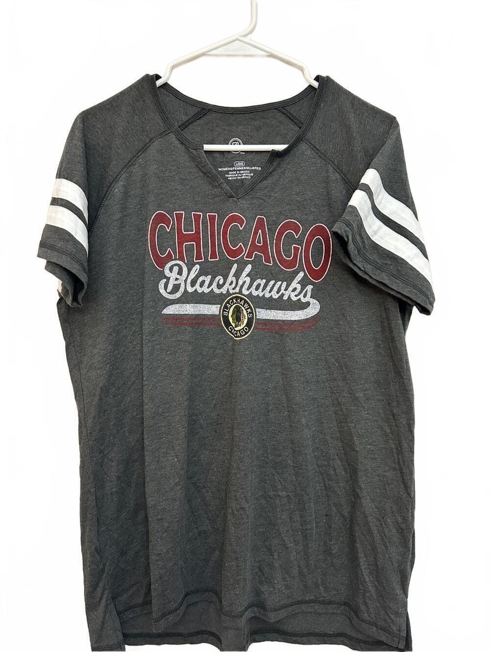 NHL Chicago Blackhawks Women's Short Sleeve V-Neck Tee Charcoal with Red & White